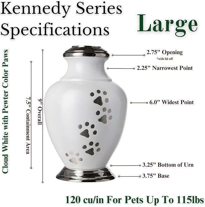 Kennedy Paws Series Pet Urn for Dogs, Handmade Aluminum Memorial Cremation Urn (Large - Pets up to 115 lbs, Cloud White)