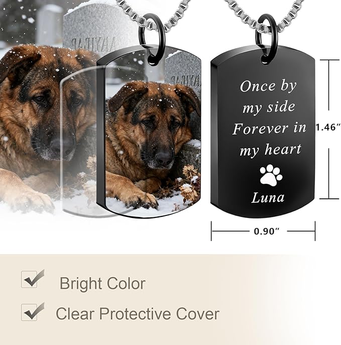 QYH Personalized Pet Urn Cremation Necklace for Ashes – Custom Keepsake Necklace with Photo and Text, Memorial for Dog Loss (Black-UV)