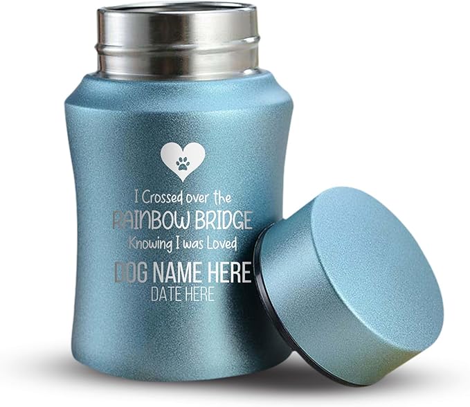 Customized Small Keepsake Urn Personalized Engraved with Pet Name, Date, and Dog Design - 4" Powder Coated Cremation Mini Compact Urn for Dogs Ashes | 5–10 Lbs Capacity | Powder Blue, Rainbow Bridge