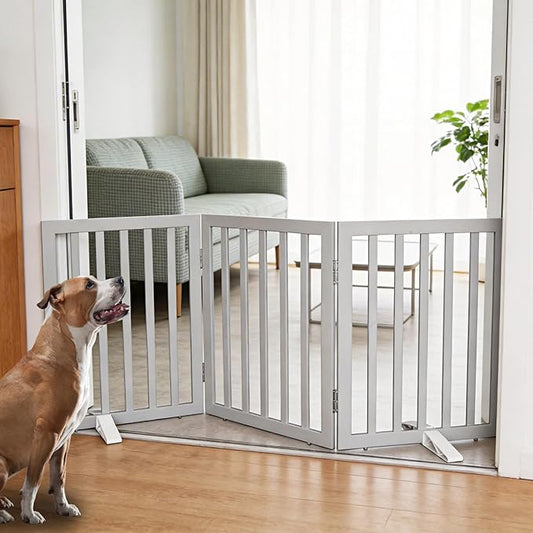 ZJSF Freestanding Indoor Dog Gate for House Foldable Wood Puppy Gate for Doorways Pet Gate for Stairs Extra Wide Pet Fence, Grey, 24" Height 3 Panels