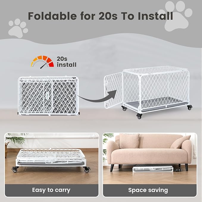 42 Inch Collapsible Dog Crate with Diamond Mesh, No-Tool Assembly Foldable Dog Kennel with 4 Lockable Wheels,Removable Tray,Portable Dog Cage for Medium/Large Dogs, Space-Saving, Indoor Outdoor Use