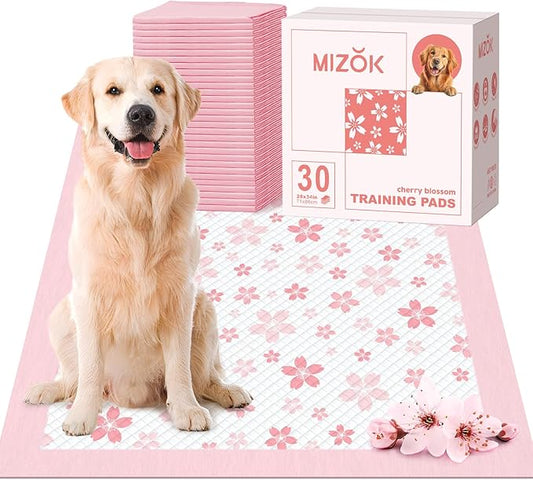 MIZOK Dog Pee Pads Extra Large 28"x34", Potty Pads for Big Dog Breeds, Super Absorbent & Leak-Proof, Pink Cherry Blossom Prints, Thick & Heavy, 4-Corner Adhesive Tabs, XL (30 Counts)