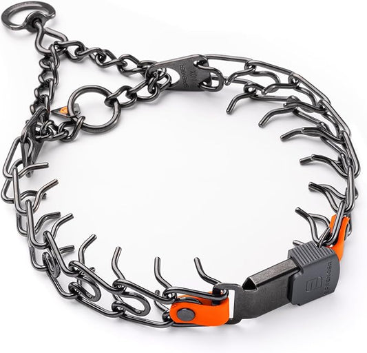 Herm Sprenger Black Stainless Steel Dog Collar with Short Links and Quick Release ClicLock Buckle and Biothane Insert Made in Germany 20in x 3.0mm (Neck Size up to 16-17in) (Hunter Orange)