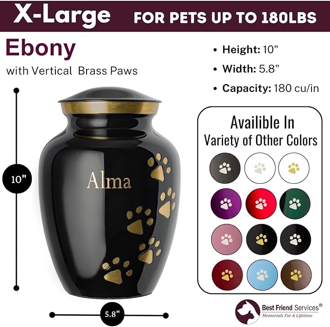 Ottillie Paws Premier Series Pet Urn for Dogs with Personalized Laser Engraving (X-Large - Pets up to 170 lbs, Ebony with Vertical Brass Paws)