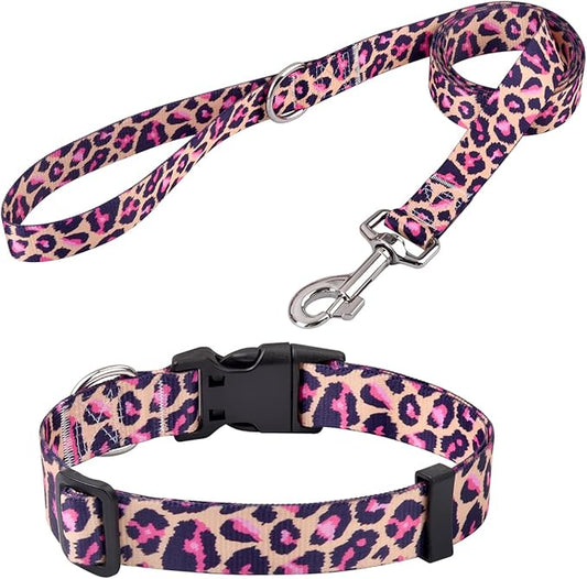 Dog Collar and Leash Set with Bohemia Floral Tribal Geometric Patterns - Soft Ethnic Style Collar Adjustable for Small Medium Large Dogs(Pink Leopard Set,XS)