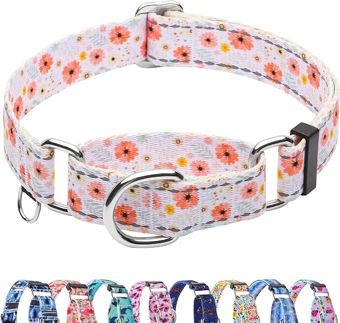 Reflective Martingale Collar for Dogs Nylon Training Collar with No Buckle Cute Floral No Pull Dog Collar for Medium Dogs（White Flower，M）