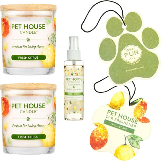 One Fur All Pet House Candle Value Pack - Plant-Based/Soy - Clean Burning Scented, Long Lasting Pet Odor Candle for Home - Fresh Citrus