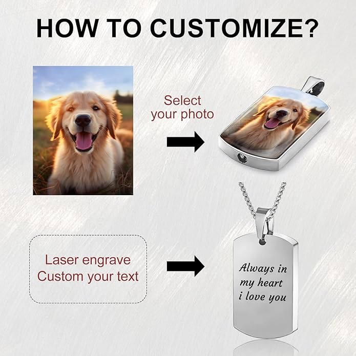 Funnylife Personalized Pet Urn Necklaces for Dog Cat Ashes Custom Photo Text Stainless Steel Cremation Jewelry Pet Loss Memorial Gift