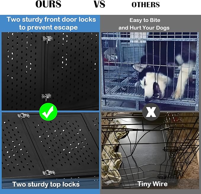 44 Inch Heavy Duty Indestructible Dog Crate with Wheels, Steel Escape-Proof Indoor Double Door High Anxiety Cage, Durable Chew-Proof Kennel with Removable Tray for Large Medium Dogs