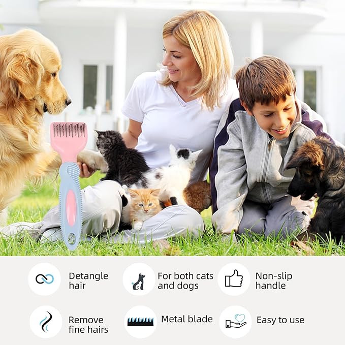 Pink Professional Pet Dematting Comb with Handle Metal Dog Comb Dematting Fur Rake Brush Pet Grooming Tool for Dogs and Cats Remove Loose Hair Mats Knots Tangles