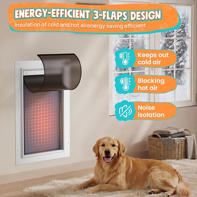 3-Flap Dog Door for Wall, Large Doggy Door, All Aluminum Heavy Duty Pet Door, Extreme Weather Doggie Door for Interior Exterior Wall, with Insulation Flaps & Lockable Closing Panels, Pets Up to 110LB