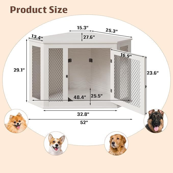 PUKAMI 52 inch Corner Dog Crate Furniture,Wooden Dog Kennel Furniture with Mesh,Decorative Wood Dog House for Small/Medium/Large Dog,Perfect for Indoor Limited Room