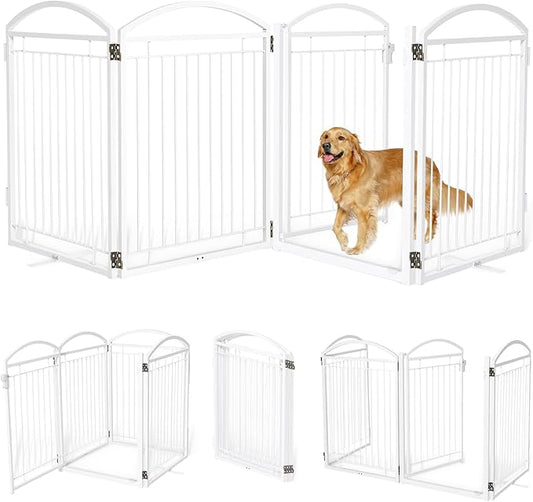 Full Metal Free Standing Dog Gate with Door for Outdoor Indoor,96'' Extra Wide 36'' Tall Dog Gates for Doorways,Large Openings,Decks,Porch,Freestanding Portable Pet Fence(4 Panels,White)