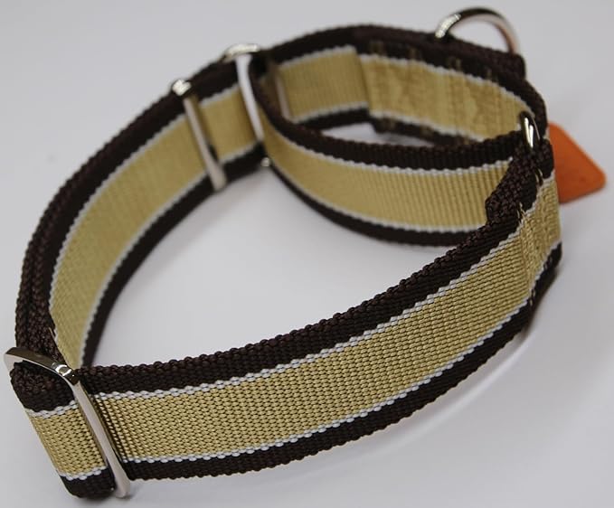 Martingale Collar 1.5 Inch Wide 1600D Extra Strong Anti Escape Nylon Dog Collar, No Pull Heavy Duty Pet Collars with 3-Color Stripe for Large to XLarge Dogs (XL, Khaki & Dark Brown)