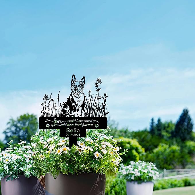 Custom Boston Terrier Memorial Stake – Personalized Pet Grave Marker Tombstone for Boston Terrier, Outdoor Garden Metal Sign, Dog Remembrance Plaque, Pet Boston Terrier Loss Gifts