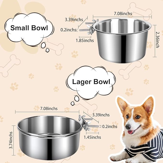 Crate Dog Bowls, Removable Stainless Steel Dog Bowls for Food and Water, Pet Kennel Hanging Food Water Feeder Station for Small/Medium/Large Pets, (7.1"x3.7" & 6.3"*2.6", Silver)