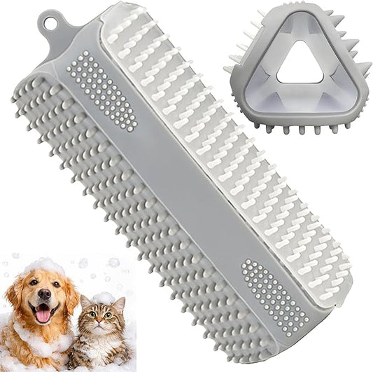Triangular Wrap-Around Pet Grooming & Bath Brush for Dogs & Cats – 3-in-1 Silicone Dog Bath Brush with Deshedding Bristles, Massage Cones & Deep Cleaning Nubs, Soft Flexible Self-Cleaning Design,Gray