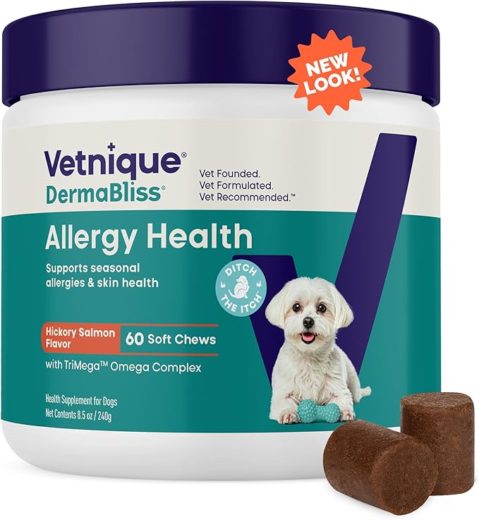 Vetnique DermaBliss Dog Allergy Chews for Seasonal Allergy Itch Relief, Skin & Gut Health with Probiotics and Omega 3 Blend - Advanced or Regular Strength (60ct, Regular Strength Chews)