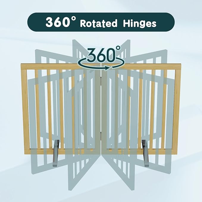 Semiocthome Dog Gate Indoor 2-Panel Freestanding Puppy Fence for House with 2 Metal Stands 24" H Folding Wood Pet Safety Fence for Stairs Doorway, Fully Assembled - Natural