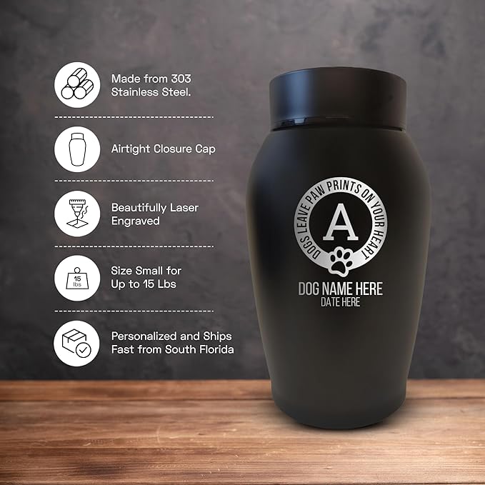 Personalized Custom Small Keepsake Urn Engraved with Pet Name, Date, and Dog Design - 5.2" Black Powder Coated Steel Cremation Urn for Dogs Ashes | 12-16 lb Capacity, Paw Prints on Hearts