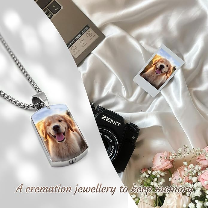 Funnylife Personalized Pet Urn Necklaces for Dog Cat Ashes Custom Photo Text Stainless Steel Cremation Jewelry Pet Loss Memorial Gift