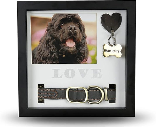 Daily Power-tivity Pet Memorial Picture Frame Shadow Box - Dog Gift Keepsake wCollar Mount and Heart Hook Forever In Memory, Remembrance Show Sympathy For Your BONUS TWO Mattes to choose from, Black