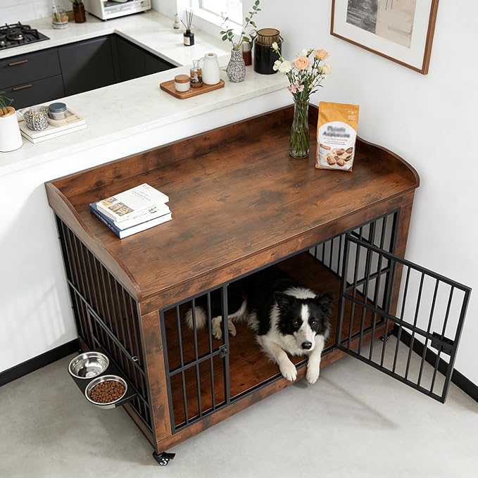 42" Furniture Dog Crates for Medium/Large Dogs, Wooden & Steel Decorative Dog Kennel Furniture with Storage Platform, Indoor Pet House Cage End Tables, TV Stands, Rustic Brown