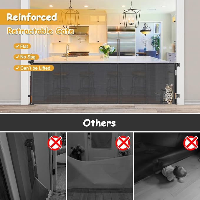 Reinforced 120 Inch Wide Retractable Baby Gates Extra Wide Pet Gate with Cat Door 10ft Extra Long Baby Gates for Large Openings 33 Inch Tall Reinforced Strips Retractable Dog Gate with Cat Door, Black