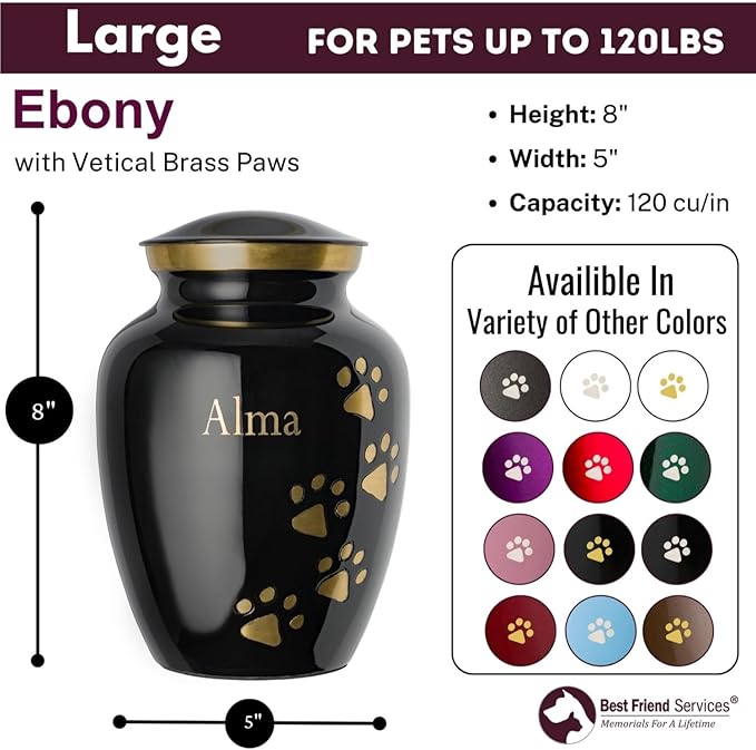 Ottillie Paws Premier Series Pet Urn for Dogs with Personalized Laser Engraving (Large - Pets up to 115 lbs, Ebony with Vertical Brass Paws)