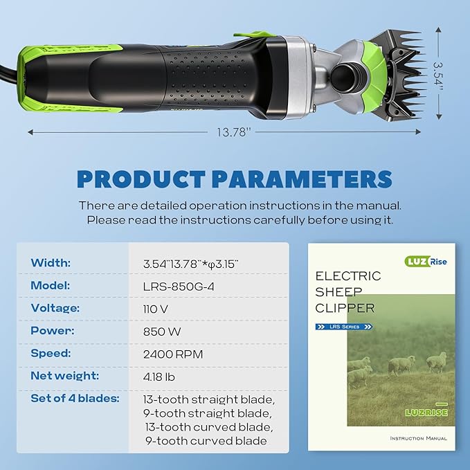 Sheep Shears Professional 850W 2400RPM Heavy Duty with 4 Blades (13-Teeth Straight/13-Teeth Curved/9-Teeth Straight/9-Teeth Curved) 6 Speed Adjustable for Thick Coat Animal (Size: 13.8*3.6")