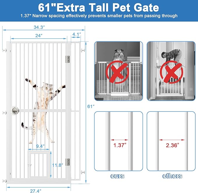 61" Extra Tall Cat Gate for Doorway, 34.3"-36.7" Adjustable Wide Dog Door with Cat Door, 1.37" Gap for Pet Gates, Suitable for Doorways or Kitchen, No Drilling Pressure Mount Kit, White