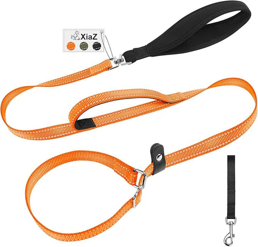 XiaZ 6FT Dog Leash with Comfortable Flat Collar and Soft Padded Handle,Nylon Reflective Double Handle No Pull Leash for Small Medium Large Dogs, Training Walking Running (Orange)