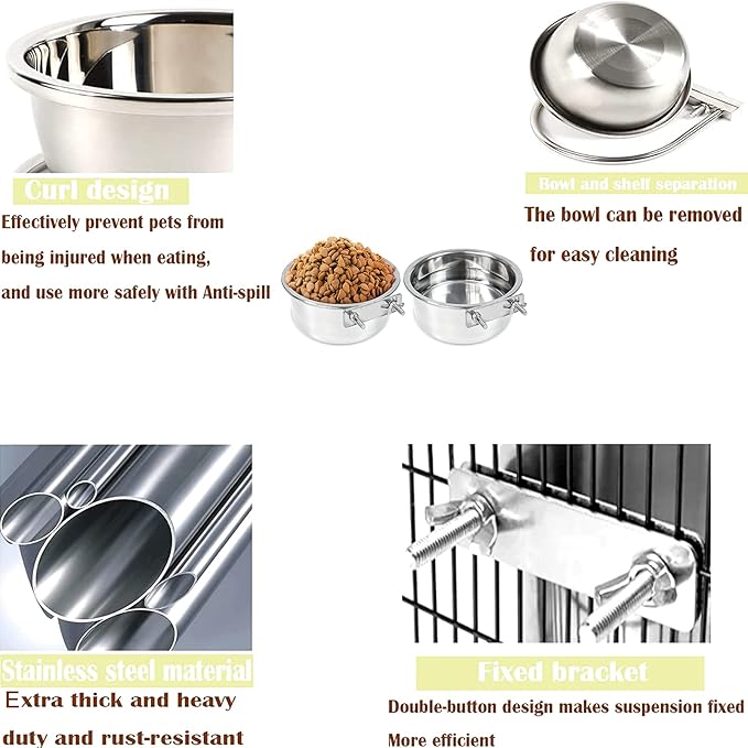 2 Pack Silver Stainless Steel Pet Bowls Anti-Spill Metal Feeder Food and Water Feeding Bowl, Hanging Cage Pet Crate Bowl for Puppy Kennel Medium Large Pets (Silver,M (5.5x2.2'' & 6.2x2.3''))