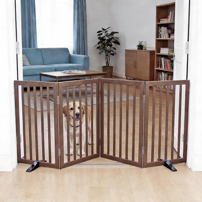 Dog Gate Indoor, Freestanding Dog Fence for The House, Doorways, Hallways,or Stairs,Pet Gate Foldable Wooden,Expandable 32" Height 4 Panels,Brown