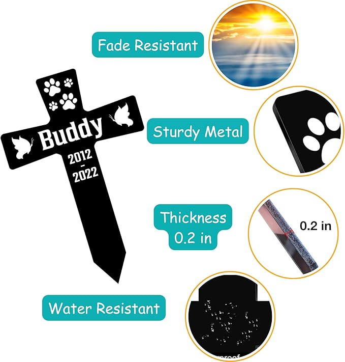 Custom Pet Paws Dog Memorial Cross Grave Marker, Personalized Pet Metal Memorial Stake for Cemetery Yard, Sympathy Grave Marker for Dog with Paws, Memorial Plaque Cemetery Garden Stake