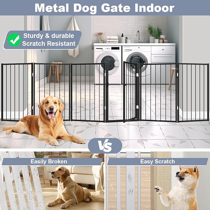 Free Standing Dog Gate with Door,120'' Extra Wide 32'' Tall Metal Dog Gates for Doorways, Foldable Pet Gate Fence Indoor & Outdoor for Stairs,Hallways,Decks,Porch,Yard (6 Panels,Black)