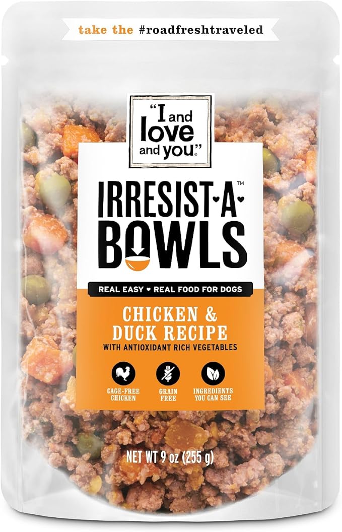 I and love and you Irresist-a-Bowls Freeze Dried Dog Food - Chicken + Duck- Prebiotics, Grain Free, Filler Free, Meal Enchancer, 9oz Pouch, 4pk