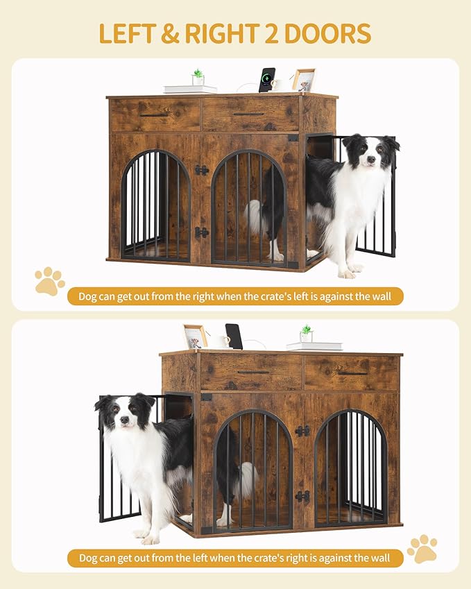 39.4'' Dog Crate Furniture with 2 Drawers, Indoor Dog Kennel with Charging Station, Wooden Dog Cage Side End Table Kennel for Medium/Large Dogs, Rustic Brown DFC84201B