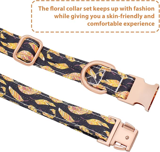 Dog Collar and Leash Set Adjustable Girls Puppy Floral Collars with Bow Tie for Small Medium Large Dogs(S, Feather)
