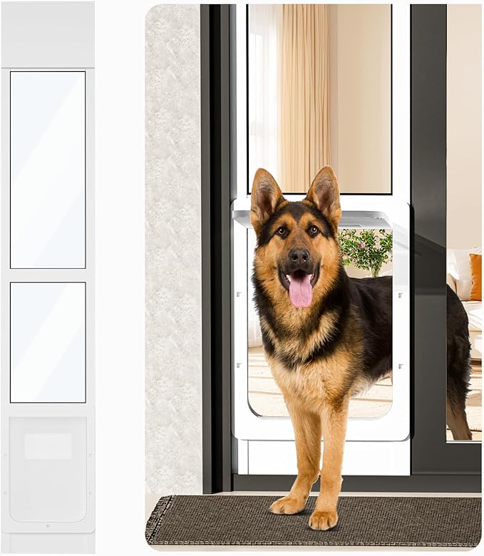 Large Dog Door for Sliding Glass Doors,No-Cut DIY Install Pet Door- Aluminum Frame& Panel & Lock, Adjustable Height 83”-91 1/5”, Suitable for Dogs Up to 105 lbs -White