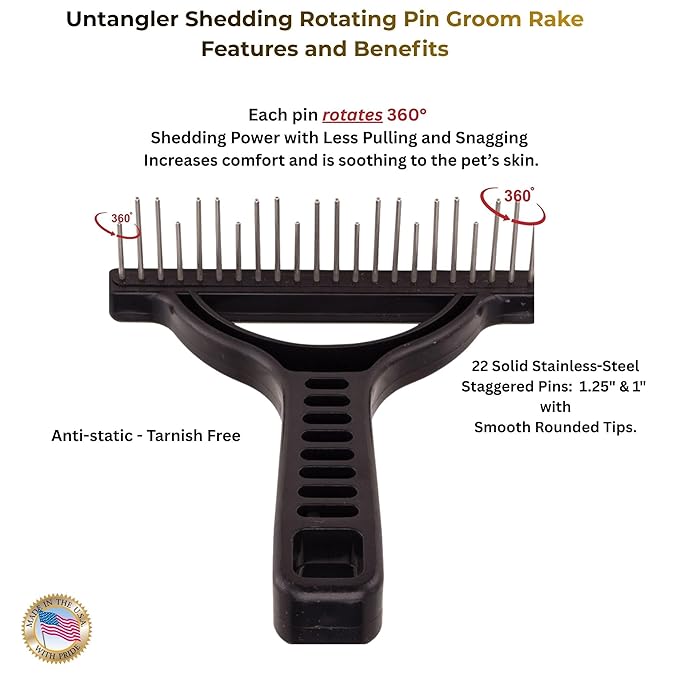 The Untangler Rakes for Grooming and Shedding -silky smooth rotating teeth to easily collect loose hair (Black, Shedding)