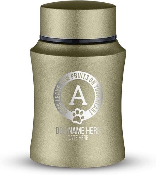 Customized Small Keepsake Urn Personalized Engraved with Pet Name, Date, and Text - 4" Powder Coated Cremation Mini Compact Urn for Dogs Ashes | 5–10 Lbs Capacity | Washed Gold, Paw Prints on Hearts