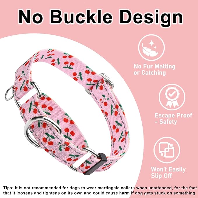 Reflective Martingale Collar for Dogs Nylon Training Collar with No Buckle No Pull Cute Dog Collar for Small Dogs（Pink Cherry，S）