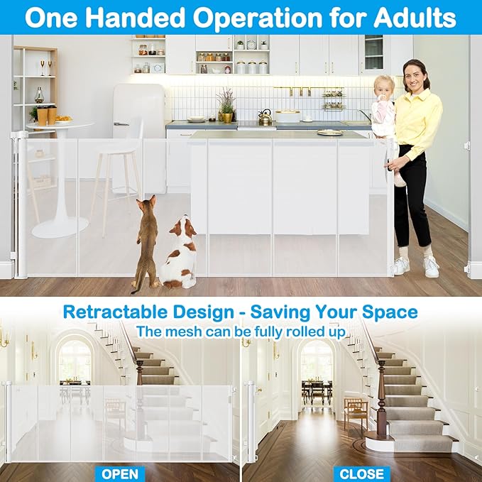 Reinforced 42" Extra Tall Retractable Baby Gates for Doorway, 200" Retractable Dog Gate With Support Rod, 16ft Extra Long Baby Gate for Large Opening, Bottom Anti-Crawl Indoor/Outdoor Mesh Child Gates