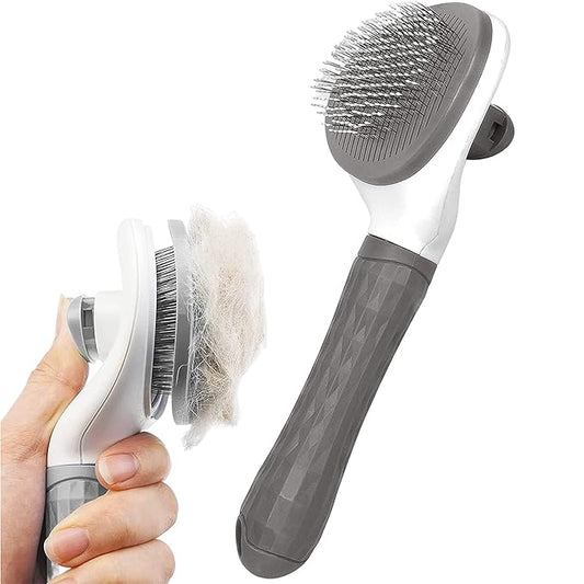 Dog Brush Cat Brush Grooming Comb - Self-Cleaning Slicker Brush with Smooth Handle for Pet Grooming, Shedding Tools, and Massage(grey)