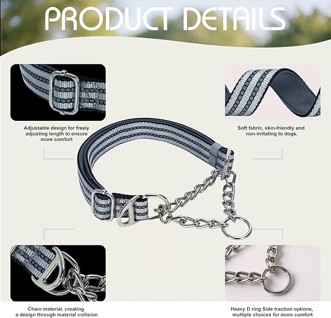 Reflective Martingale Collar for Dogs with Soft Padded Strap with Durable Chain- Adjustable No-Pull Training Collar,Great for Training, Walking, Hunting (Silver XL)