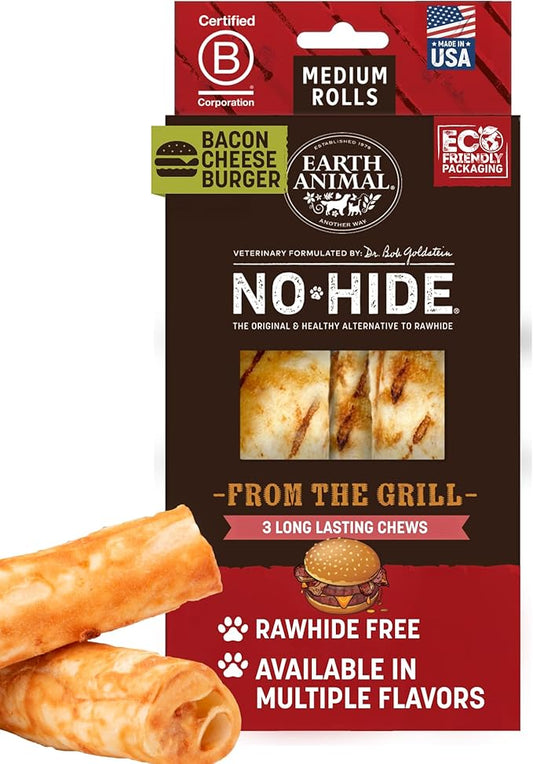 Earth Animal No Hide Chews - from the Grill Rolls Bacon Cheeseburger Flavor Rawhide Free Medium Dog Chews - 3 Count