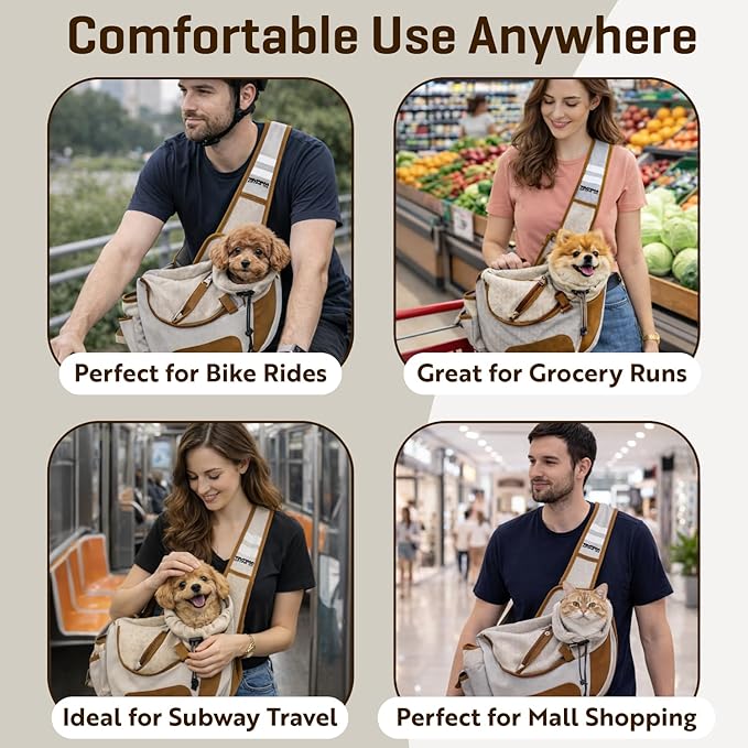 Hands-Free Sling Pet Carrier for Cats and Small Dogs up to 12lbs – Travel Set Includes Foldable Water Bowl & ID Card – Breathable Mesh, Safety Hook & Adjustable Padded Strap for Walking & Travel