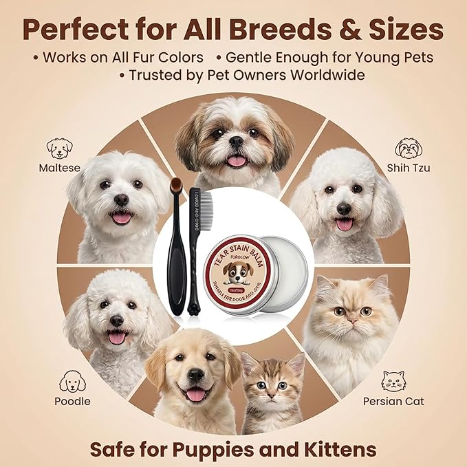 4-in-1 Tear Stain Remover Kit for Dogs & Cats - 1oz Natural Eye Balm with Pro Application Brush & 2 Stainless Steel Combs - Professional Eye Gunk (3in1)