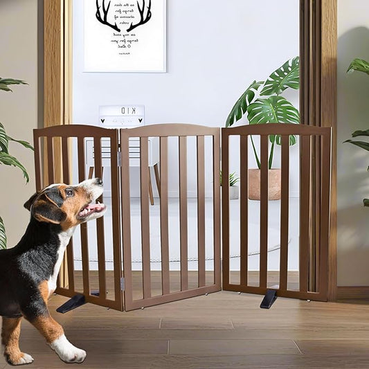 ZJSF Foldable Freestanding Indoor Dog Gate for House Wood Long Pet Gates Dog Fence for Stairs Puppy Gates for Hallways, Puppy Gate,Support Feet Included, Brown, 32 "Height-3 Panels
